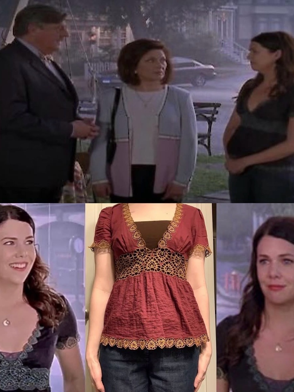 Catherine Malandrino Burgundy Blouse with Gold Trim ALT ASO Lorelai Gilmore
